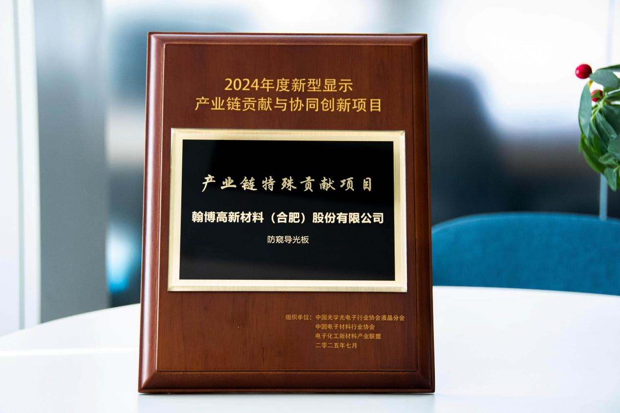 翰博高新榮膺2024年度新型顯示產(chǎn)業(yè)鏈“特殊貢獻(xiàn)項目”大獎|創(chuàng)新防窺導(dǎo)光板技術(shù)獲權(quán)威認(rèn)可